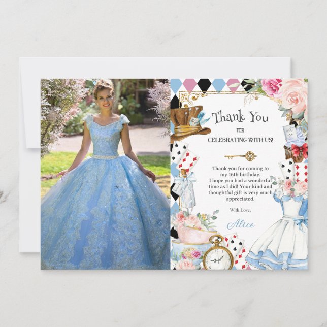 Alice im Wunderland Floral Birthday Tee Foto Dankeskarte (Vorderseite)