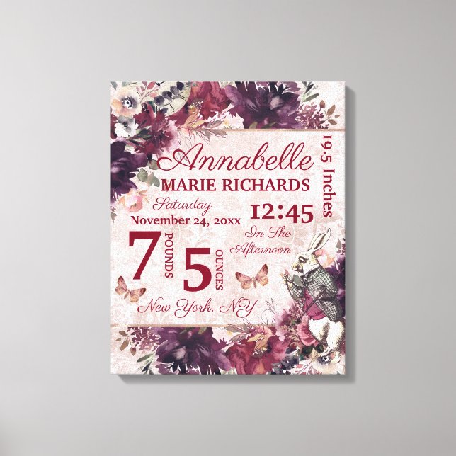 Alice im Wunderland Floral Custom Baby Birth Stats Leinwanddruck (Vorderseite)
