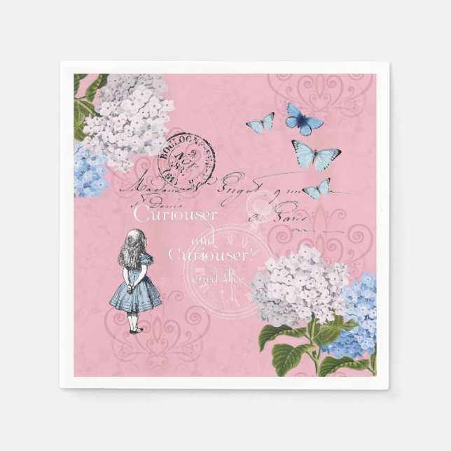 Alice im Wunderland Floral Pink Blue Paper Napkins Serviette (Vorderseite)