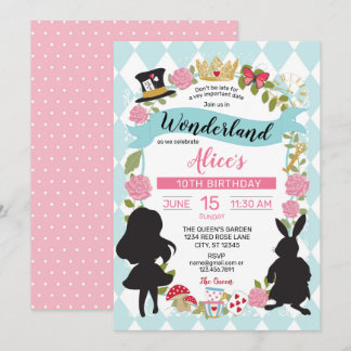 Alice im Wunderland Geburtstag Einladung Blau/Rosa