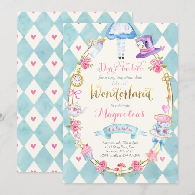 Alice im Wunderland Geburtstag Einladung Tee Party (Vorne/Hinten)