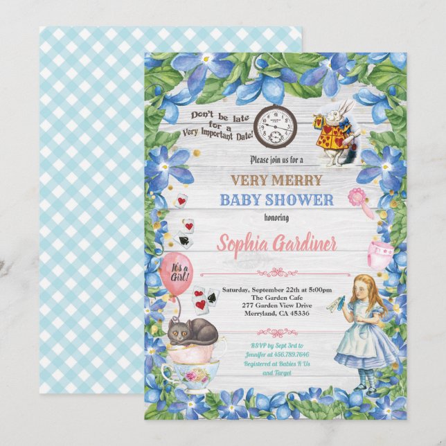 Alice im Wunderland Girl Dusche Einladung (Vorne/Hinten)