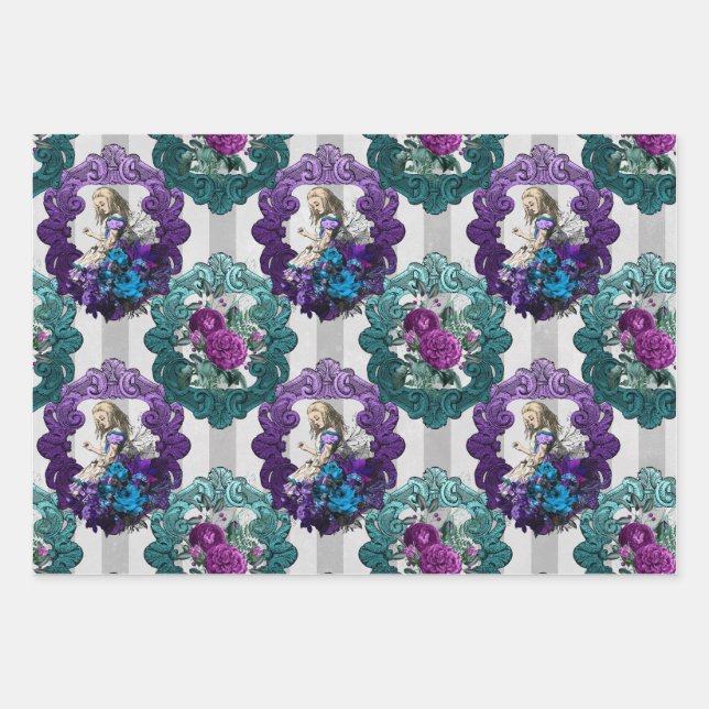 Alice im Wunderland Lila Grüne Rahmen Geschenkpapier Set (Vorderseite)