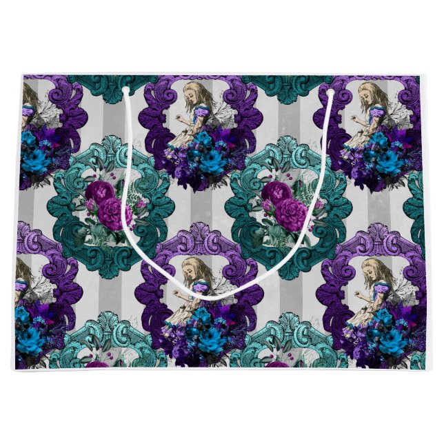 Alice im Wunderland Lila Grüne Rahmen Große Geschenktüte (Vorderseite)