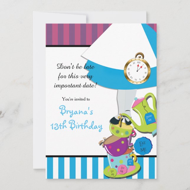 Alice im Wunderland MAD TEA PARTY Geburtstag Einladung (Vorderseite)