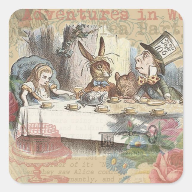 Alice im Wunderland Mad Tea Party Kunst Quadratischer Aufkleber (Vorderseite)