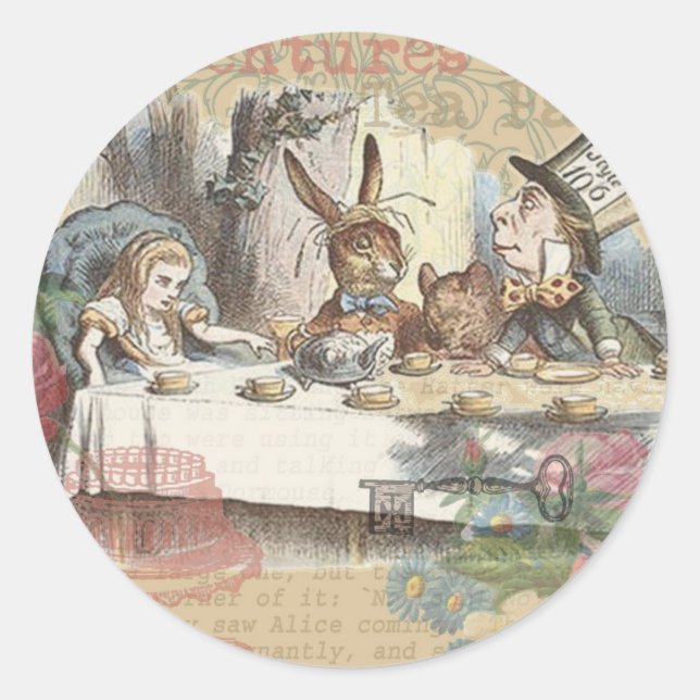 Alice im Wunderland Mad Tea Party Kunst Runder Aufkleber (Vorderseite)