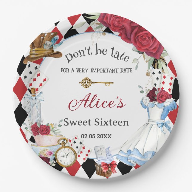 Alice im Wunderland Red Floral Birthday Tee Party Pappteller (Vorderseite)