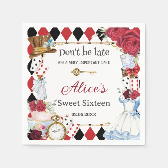 Alice im Wunderland Red Floral Birthday Tee Party Serviette (Vorderseite)