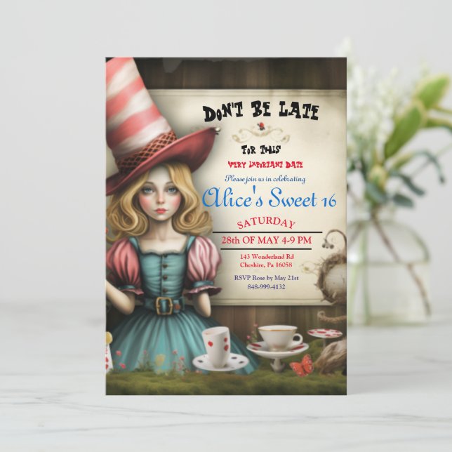 Alice im Wunderland Tea Party Sweet 16 Einladung (Stehend Vorderseite)