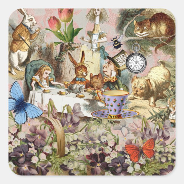 Alice im Wunderland Tee Party Kunst Quadratischer Aufkleber (Vorderseite)