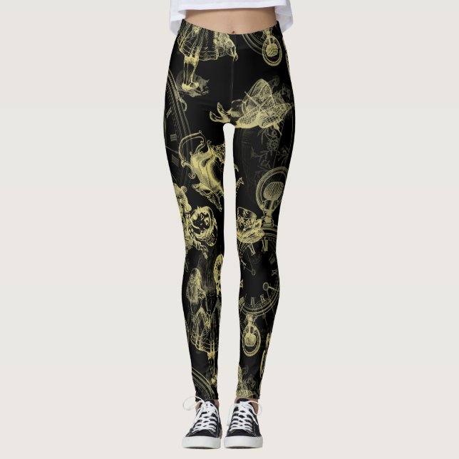 Alice im Wunderland-Tee-Zeit-Schwarz-GoldLeggings Leggings (Vorderseite)