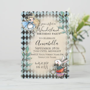 Alice im Wunderland Thema mit weißem Kaninchen Einladung