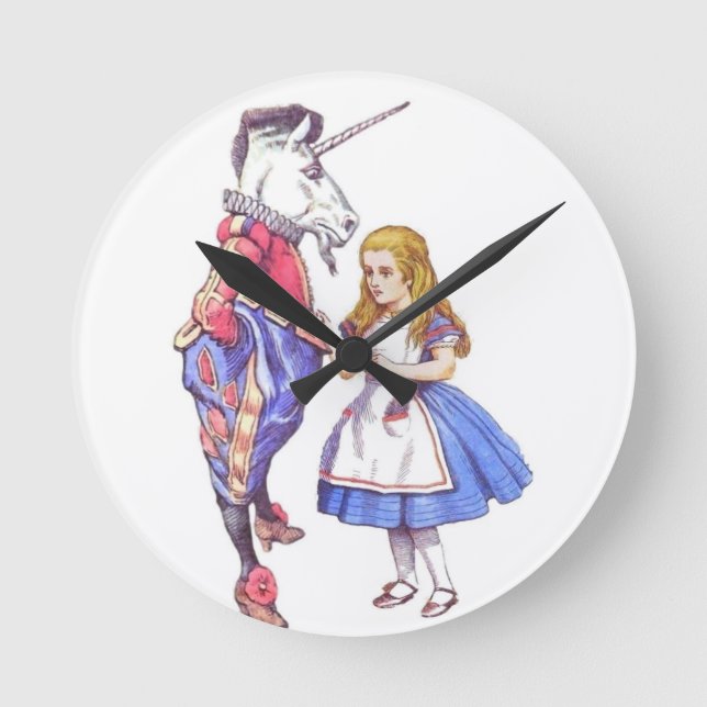 Alice im Wunderland-u. Unicorn-Uhr Runde Wanduhr (Vorderseite)