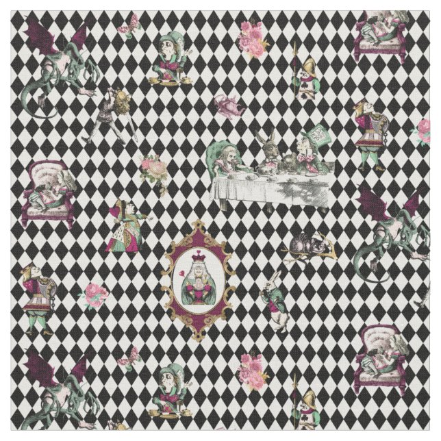 Alice im Wunderland über Schwarz-Weiß-Harlequin Stoff (Nahaufnahme)