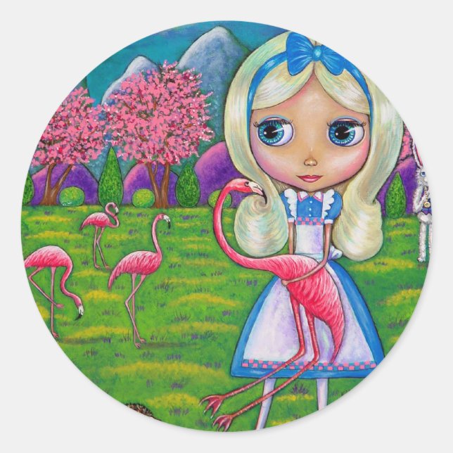 Alice im Wunderland und Flamingos-Aufkleber Runder Aufkleber (Vorderseite)