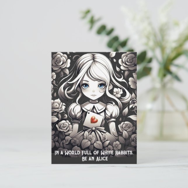 Alice im Wunderland und Rose Blumenfantasie Postkarte (Stehend Vorderseite)