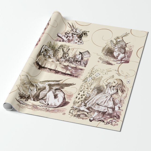 Alice im Wunderland Vintag Beige Gold Geschenkpapier (Ungerollt)