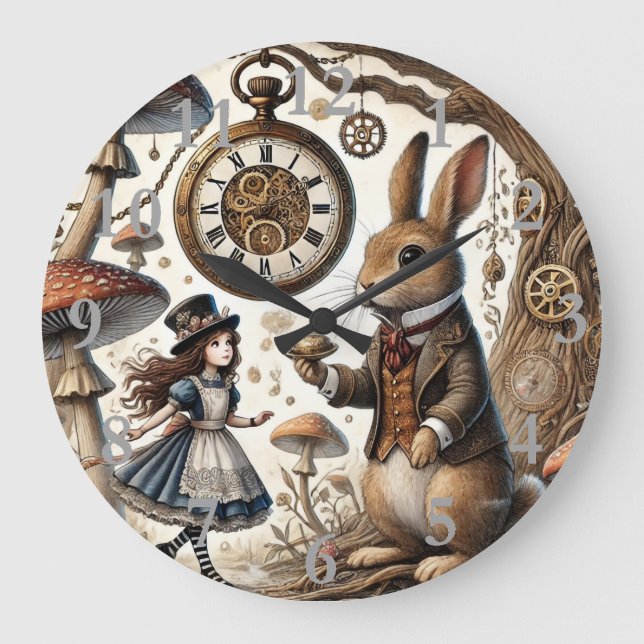 Alice im Wunderland weißes Kaninchen Große Wanduhr (Vorderseite)