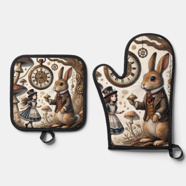 Alice im Wunderland White Rabbit Tee Art Ofenhandschuh & Topflappen-Set (Vorderseite)