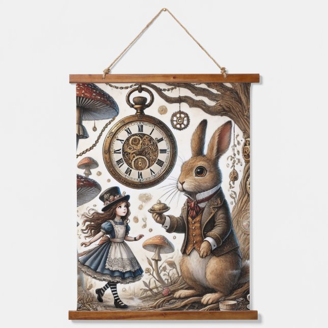 Alice im Wunderland White Rabbit Tee Art Wandteppich Mit Holzrahmen (Vorderseite)