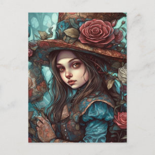 Alice in einem Top Hut mit Blume Postkarte