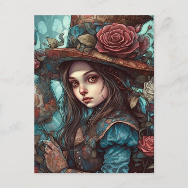 Alice in einem Top Hut mit Blume Postkarte (Vorderseite)