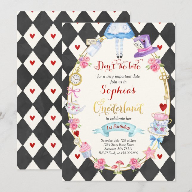 Alice in ONEderland Geburtstag Einladung Tee Party (Vorne/Hinten)