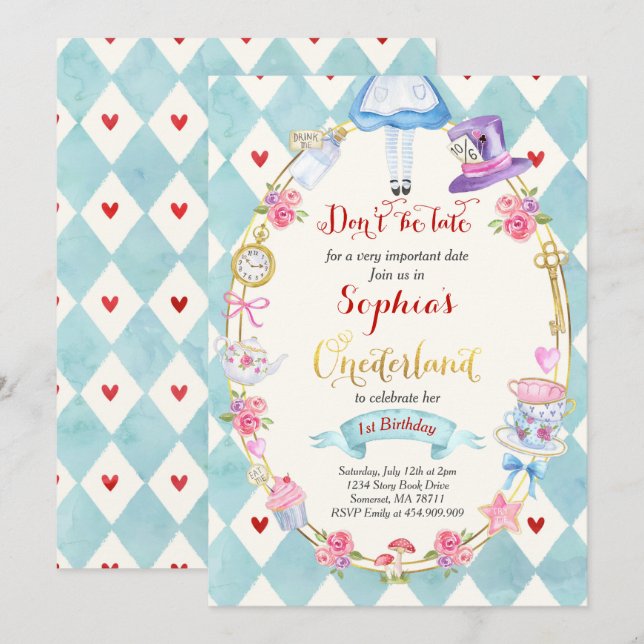 Alice in ONEderland Geburtstag Einladung Tee Party (Vorne/Hinten)
