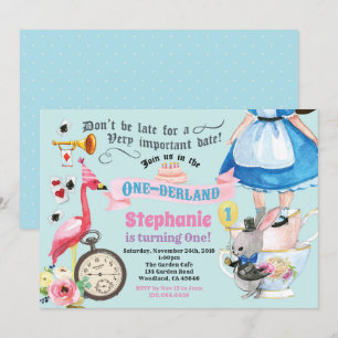 Alice in ONEderland Geburtstagstee Party blau Einladung