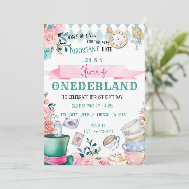 Alice in Onederland Wonderland Einladung zum Gebur (Stehend Vorderseite)
