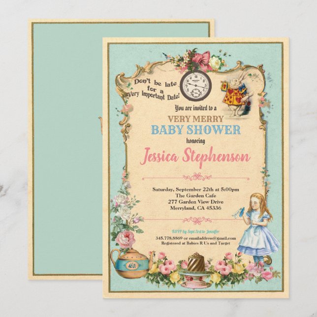 Alice in Wonderland baby shower invitation turquoi (Devant / Derrière)