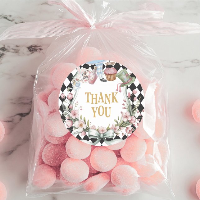 Alice in Wonderland Flower 1st birthday Thank You Runder Aufkleber (Von Creator hochgeladen)