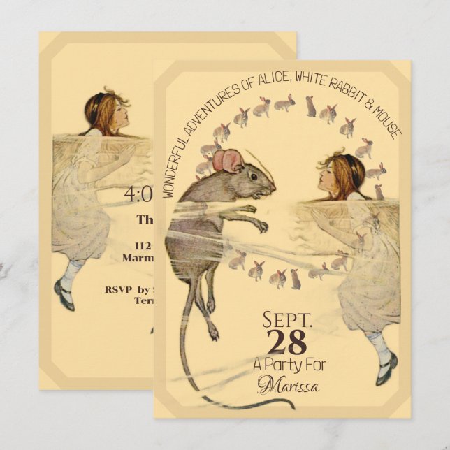 Alice in Wonderland Rabbit Mouse Einladung (Vorne/Hinten)