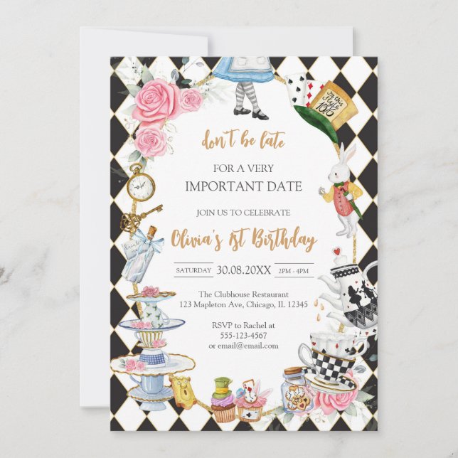 Alice in Wonderland Tea Party Birthday Invitation (Devant)