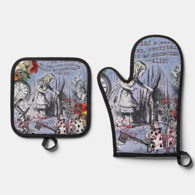 Alice Nonsense Vorhang Wunderland - Blau Ofenhandschuh & Topflappen-Set (Vorderseite)