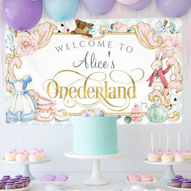 Alice Onederland, Girl 1. Geburtstag, aquamarines  Banner (Alice onederland, girl 1st birthday party banner in teal.)