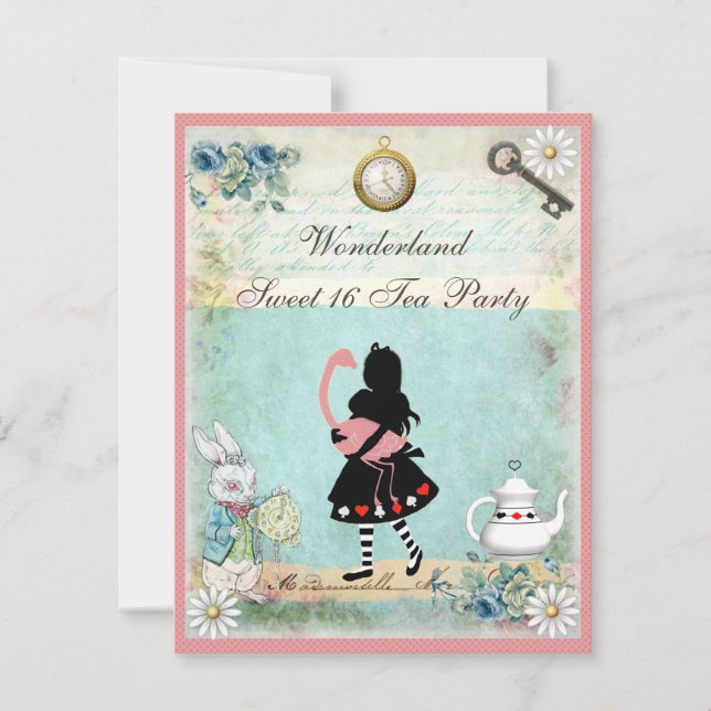 Alice, Pink Flamingo & Cheshire Cat Sweet 16 Einladung (Vorderseite)