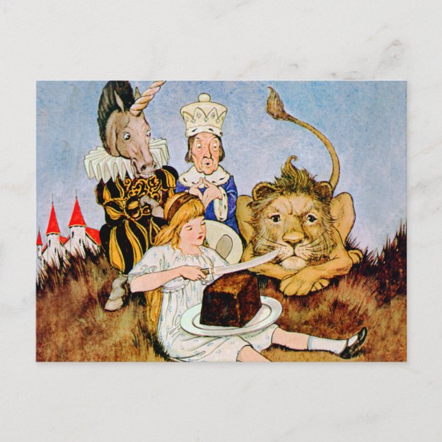 Alice sagt einem Löwe u. macht Einhorn-Kuchen ihn Postkarte (Vorderseite)