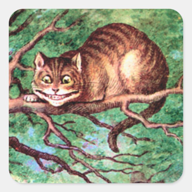 Alice trifft die Cheshire-Katze in Wonderland Quadratischer Aufkleber (Vorderseite)