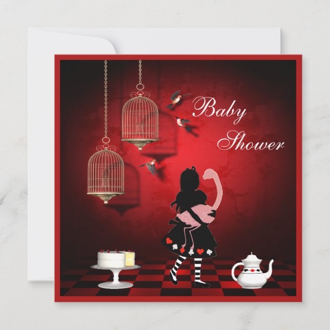 Alice- u. Flamingo-Vögel u. Käfig-Babyparty Einladung (Vorderseite)