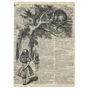 Alice und Cheshire-Schablonen-Kunst auf alter Buch Klemmbrett