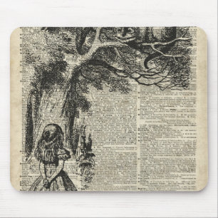 Alice und Cheshire-Schablonen-Kunst auf alter Buch Mousepad