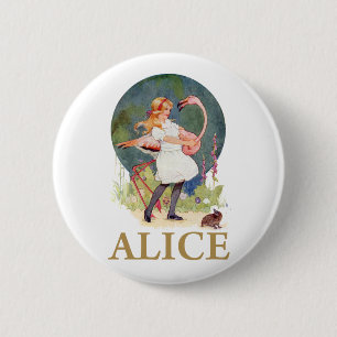 ALICE UND DER ROSA FLAMINGO SPIELEN CROQUET BUTTON