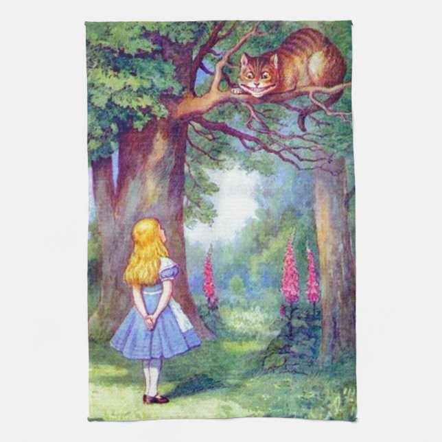 Alice und die Cheshire-Katze farbenreich Geschirrtuch (Vertikal)