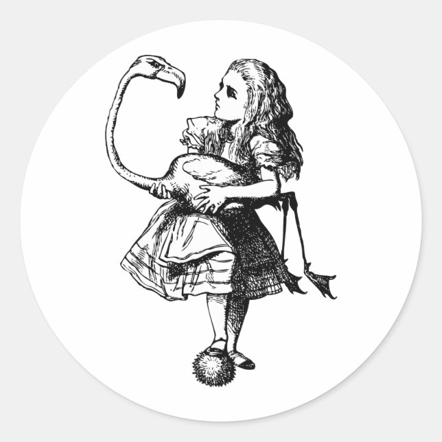 Alice und Flamingo-Schwarz Runder Aufkleber (Vorderseite)