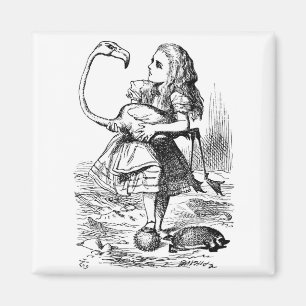 Alice versucht, mit einem Flamingo Krokett zu spie Magnet