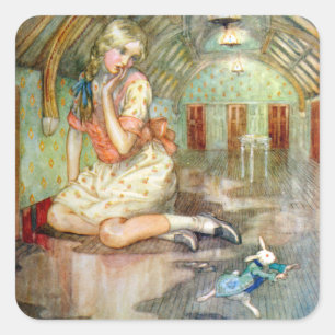 Alice wächst zu groß für das Haus im Wunderland Quadratischer Aufkleber