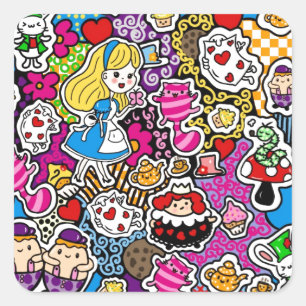 Alice Wonderland Mad Hatter Cat Doodle Art von Lea Quadratischer Aufkleber