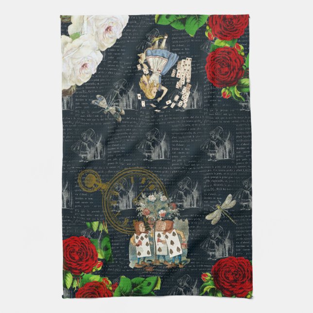 Alice Wonderland Rose Karten Alphabetisches blaues Geschirrtuch (Vertikal)